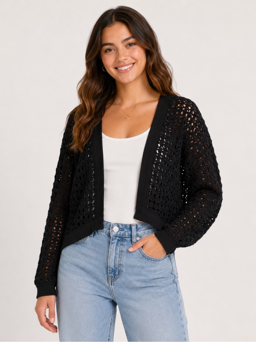 Calvin Klein Women's Black Open-Front Cardigan Crochet Knit w/ Ribbed Trim (A14)